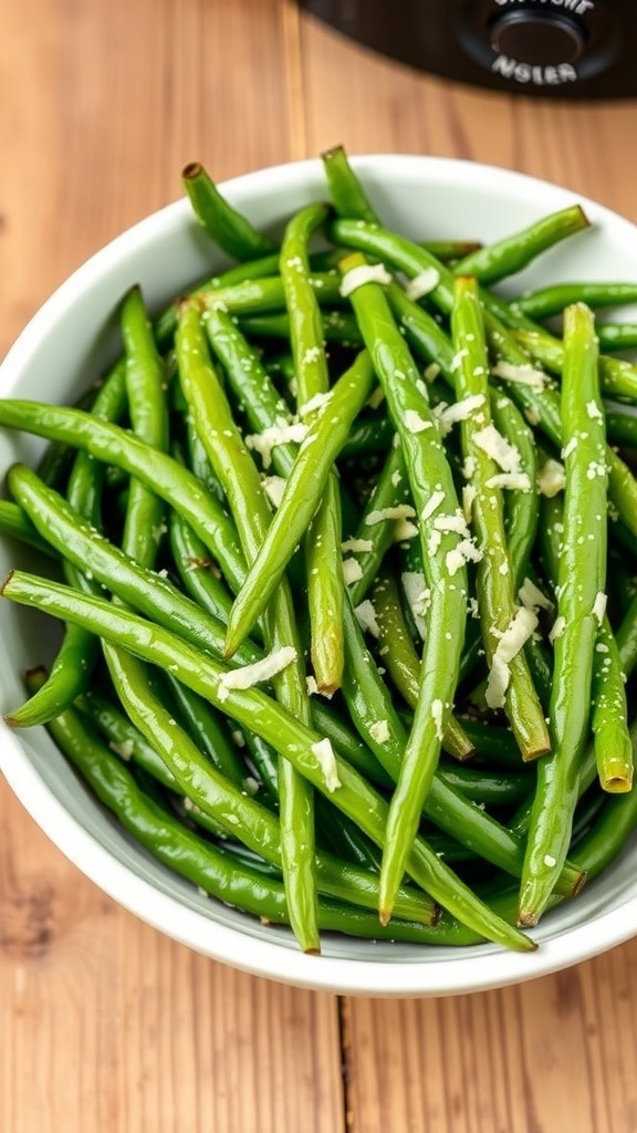 Crispy Air Fryer French-Style Green Beans Recipe Crispy air fryer French-style green beans garnished with Parmesan cheese on a rustic wooden table.